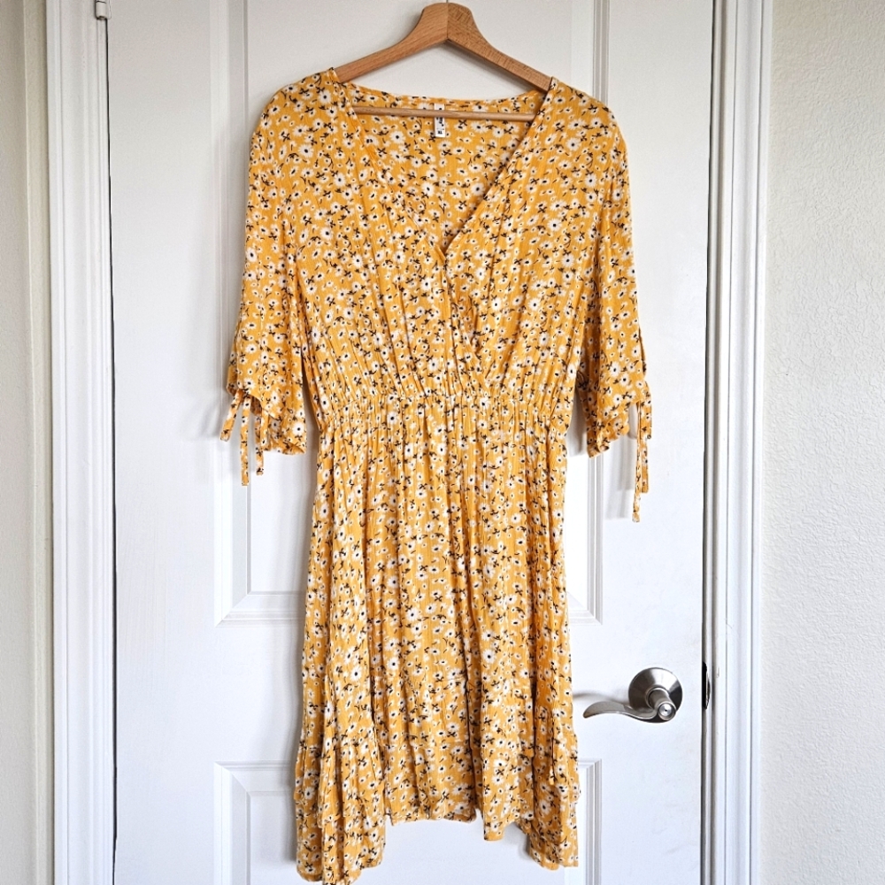Yellow Floral Print Open Sleeve Dress
